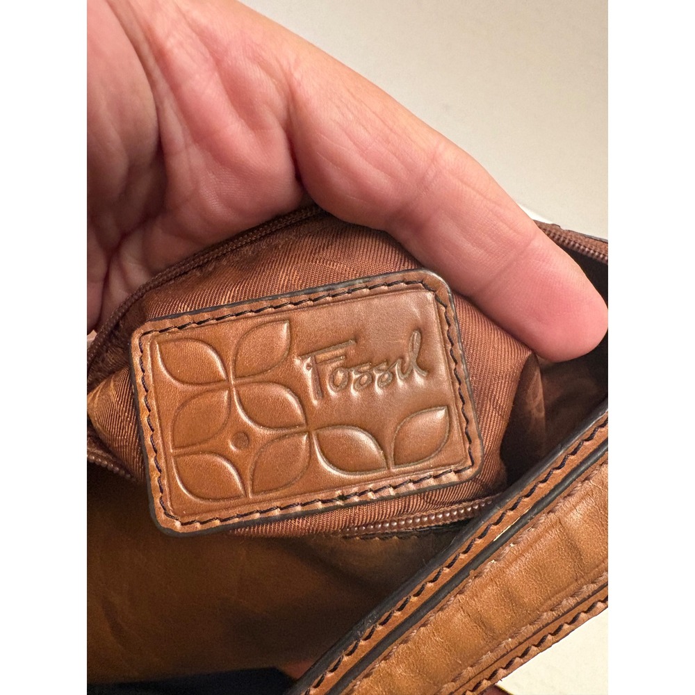 Fossil Cognac Brown Leather Shoulder Bag Hobo Zip Top Key Charm